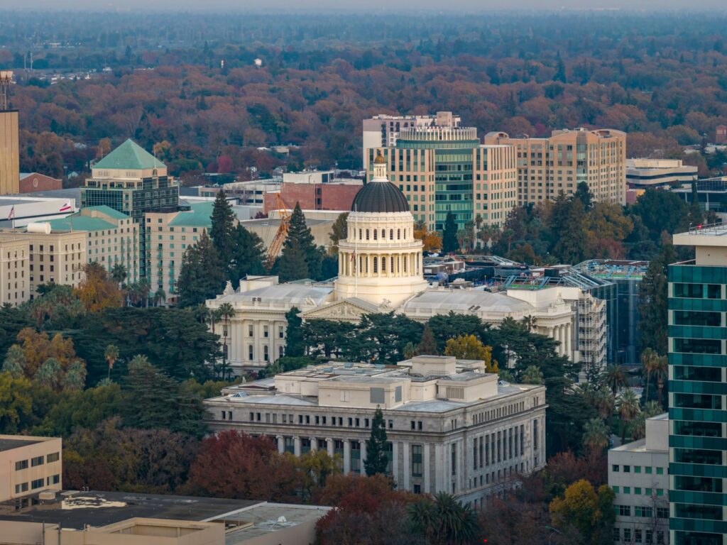 Aerial view of the California State Capitol building in Sacramento, where the state's new AI audit law was signed